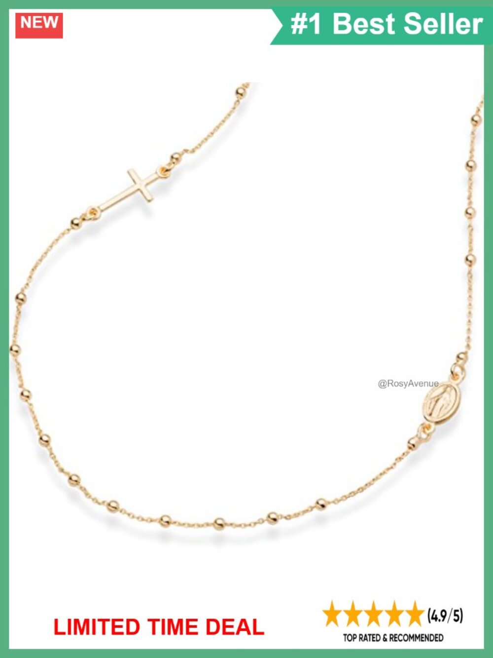18K Gold Plated 925 Sterling Silver Rosary Beaded Cross Necklace Chain Women